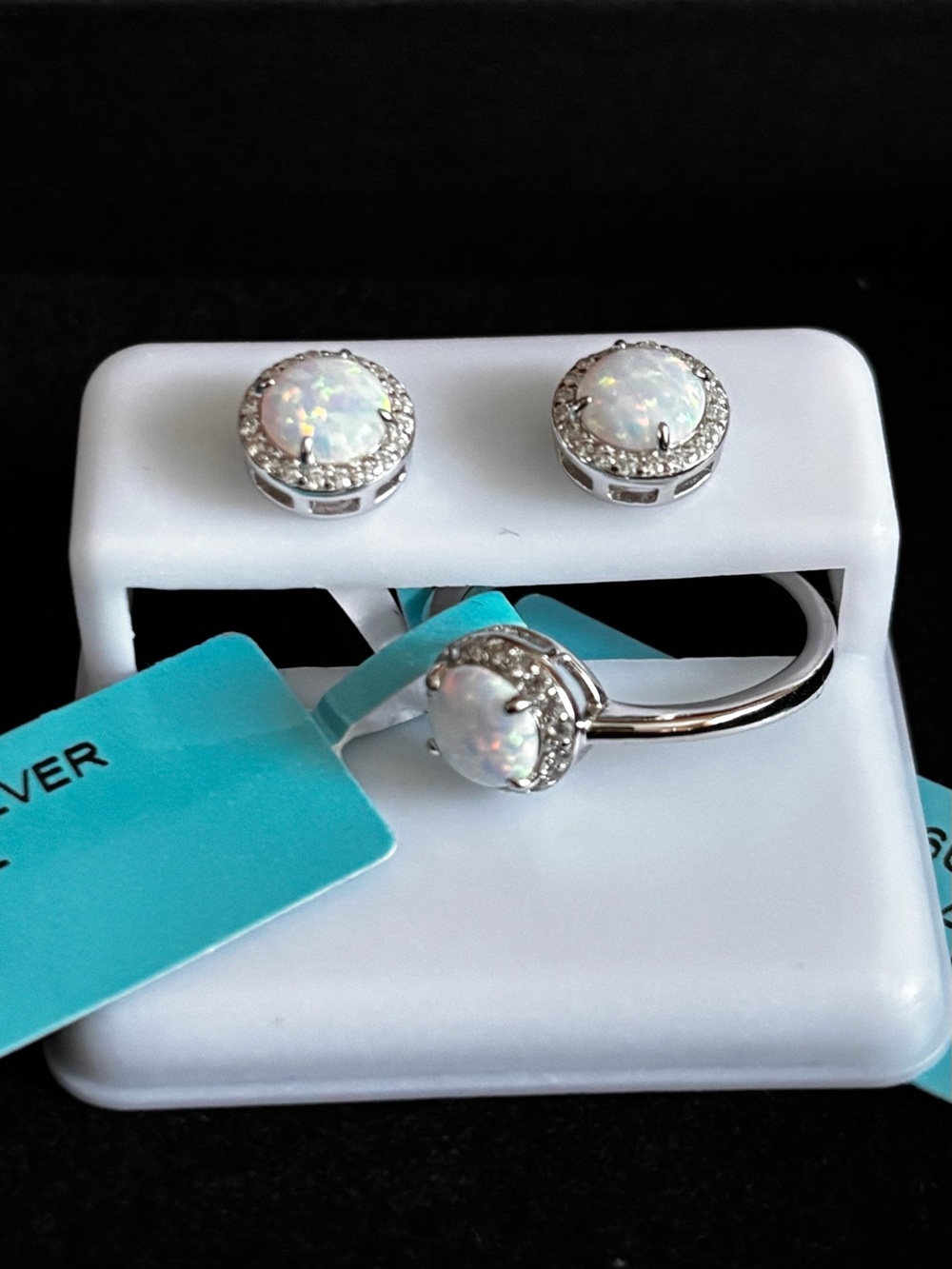 White Opal Halo Stud Earrings — Silver-Tone